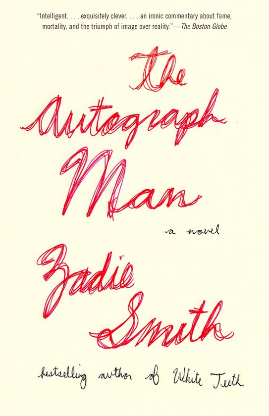 Boek kaft met rode, handgeschreven tekst: "The Autograph Man" door Zadie Smith.