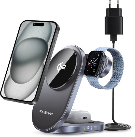 Xssive Qi2 Oplaadstation geschikt voor Apple MagSafe / iPhone / AirPods / Watch - Incl. 30W Snellader