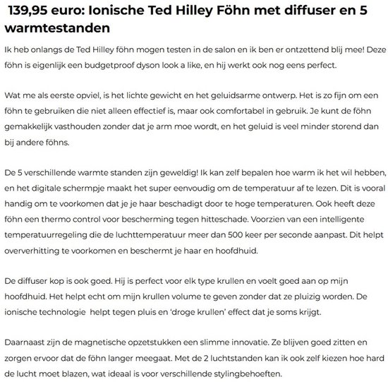 Ted Hilley - Ionische Fohn met Diffuser - Haardroger - Haarfohn - Steil of Krullend Haar - Glanzend en Pluisvrij - [Beste Fohn 2026]
