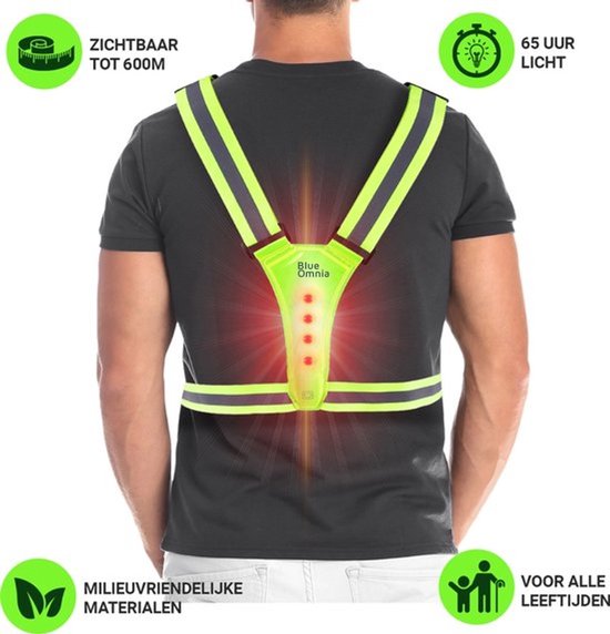 Reflecterend geel hardloopvest met Y-banden, borstband en LED-verlichting. Zichtbaar tot 600m.