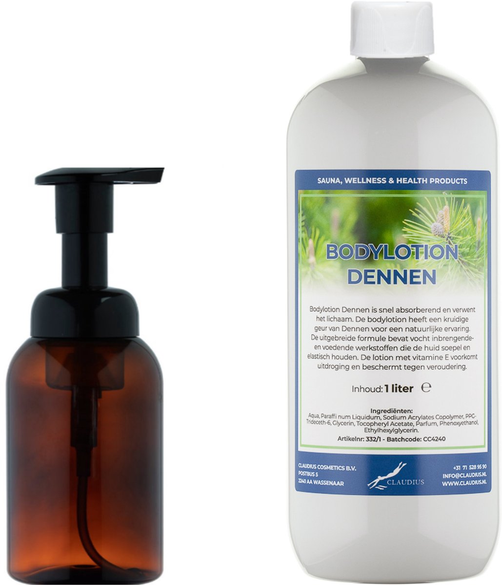 Zeepdispenser 300 ml amber bruin hervulbaar + 1 Liter Bodylotion Dennen navulling