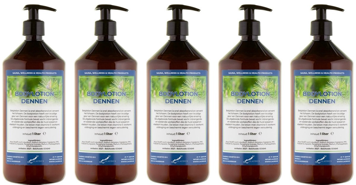 Bodylotion Dennen 1 Liter - met gratis pomp - set van 5 stuks - Voordeelverpakking