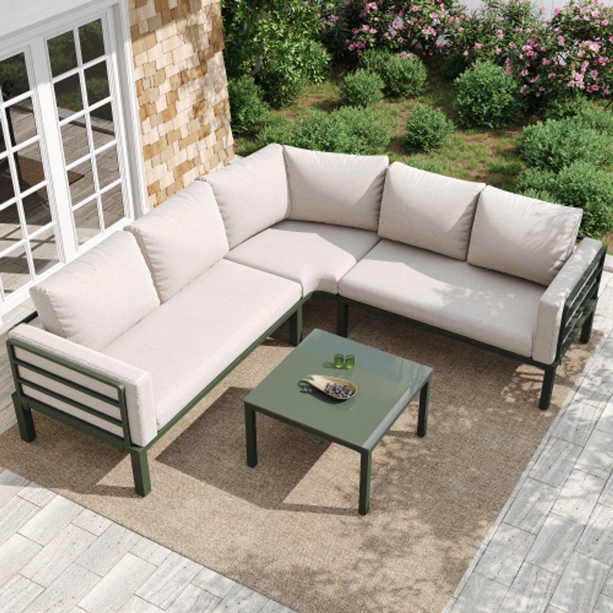 Tuinmeubelset (4-5 zitplaatsen), 1 salontafel van gehard glas, groen gegalvaniseerd ijzeren frame, comfortabel tuinmeubilair, beige zitkussens en kussens met verstelbare poten