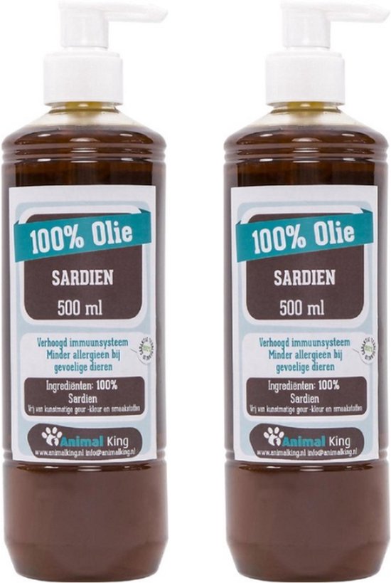 Twee bruine flessen met pompdispenser, 500 ml Sardienolie.