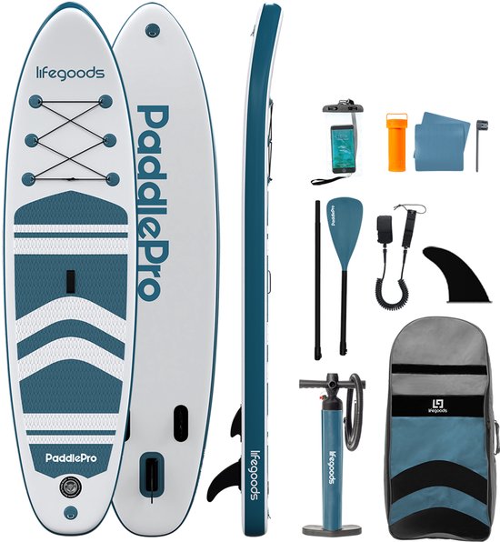 LifeGoods PaddlePro SUP Board - Opblaasbaar Paddle Board - Complete Set - Max. 135KG - 320x81cm - Wit/Deep Aqua