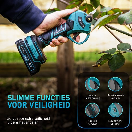 Elektrische snoeischaar met anti-slip handvat, veiligheidsschakelaar, en LCD batterij display.