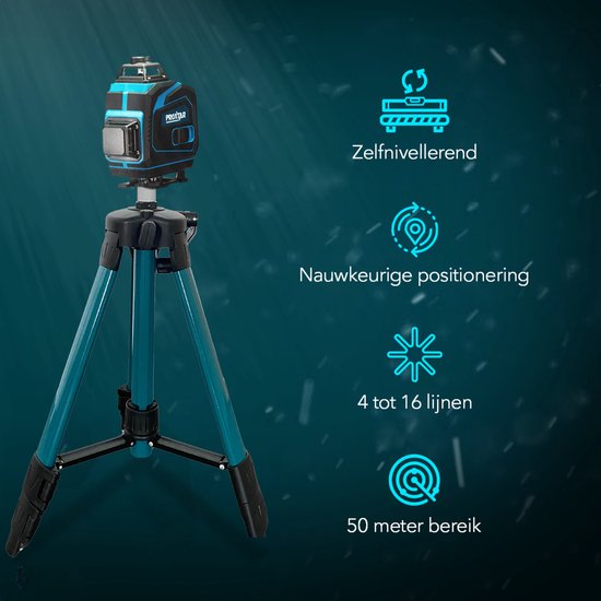 ProXtar kruislijnlaser op een blauw statief met de tekst 'Zelfnivellerend', 'Nauwkeurige positionering', '4 tot 16 lijnen' en '50 meter bereik'.