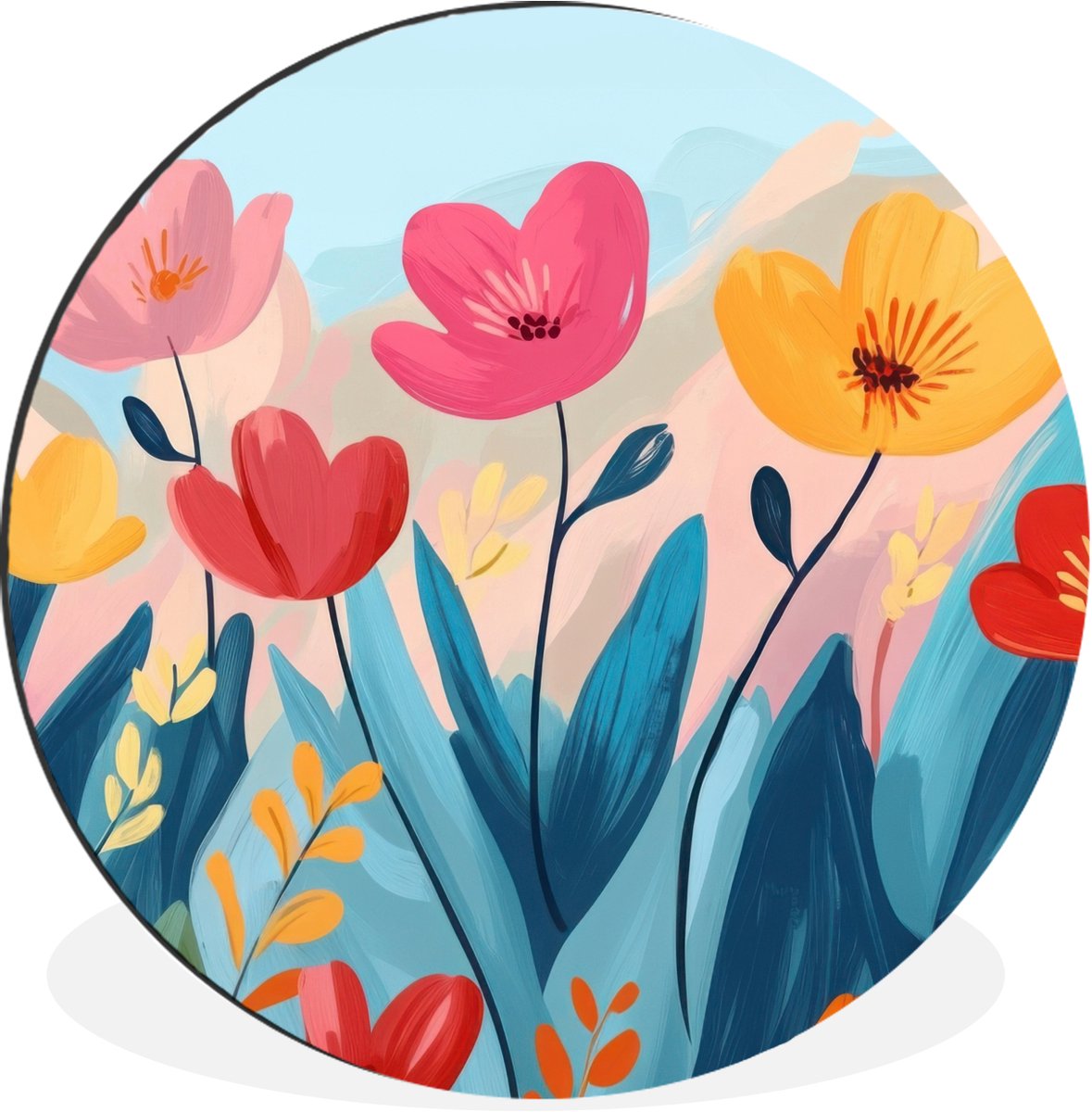 WallCircle Wandcirkel - Muurcirkel - Illustratie - Bloemen - Kleurrijk - Aluminium - Dibond - 60x60 cm - Binnen en Buiten