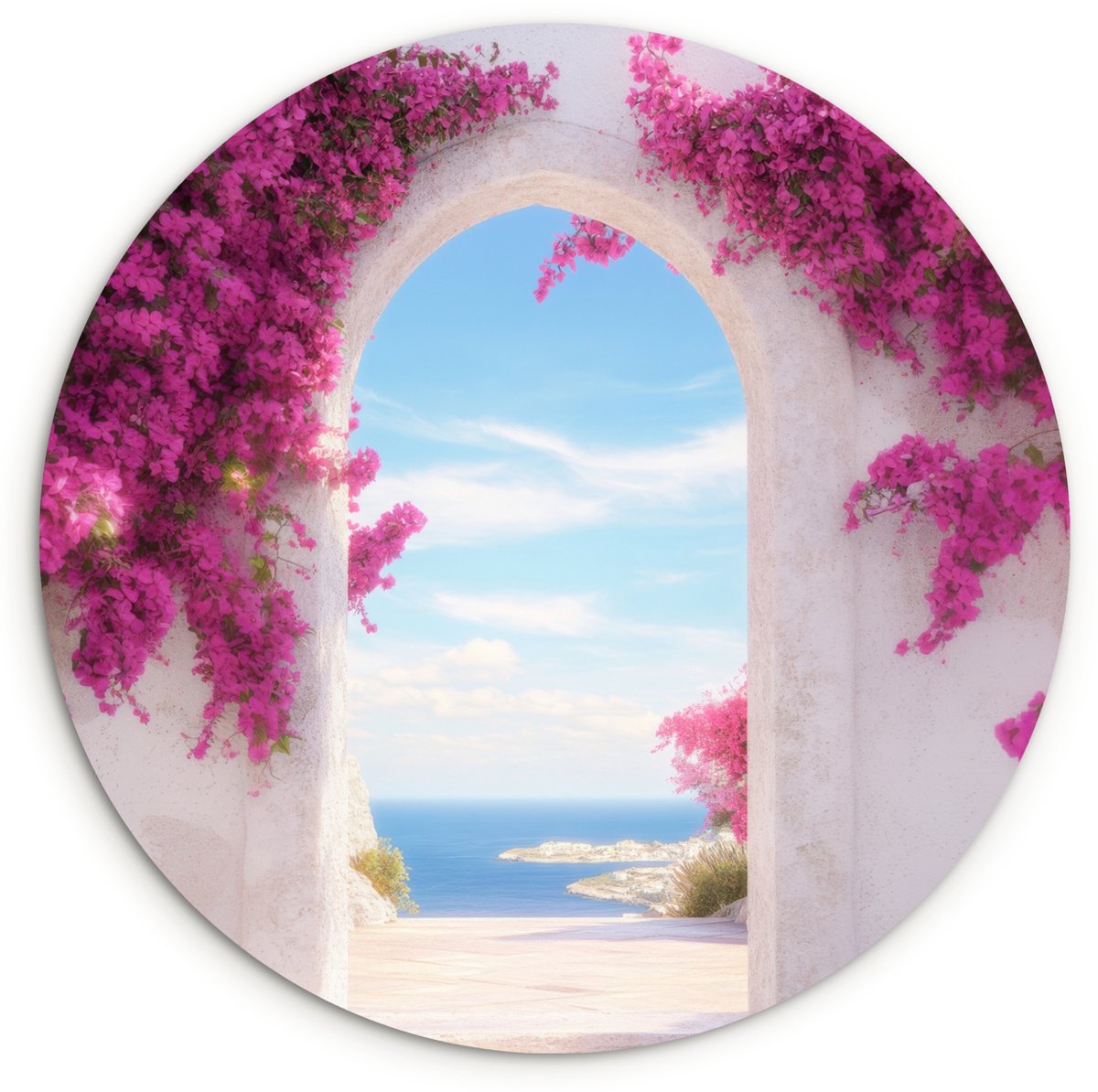 WallCircle Wandcirkel 30x30 cm - Muurcirkel Zee - Roze - Bloemen - Poort - Muurdecoratie woonkamer - Wanddecoratie slaapkamer - Kamer decoratie accessoires - Ronde schilderijen Witte poort - Roze bloemen