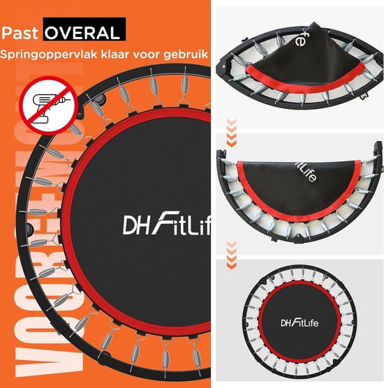 Zwarte trampoline springmat met rode rand, gedemonteerd en in delen getoond.