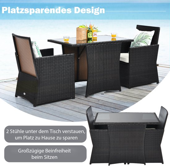 COSTWAY 3-delige Set Rotan Tuinmeubelen, Polyrotan Zitgroep, 2 Stoelen 1 Bijzettafel Balkonmeubel Bistroset Tuingarnituur Tuinlounge Tuinset Incl Glasplaat Zitkussen Bruin