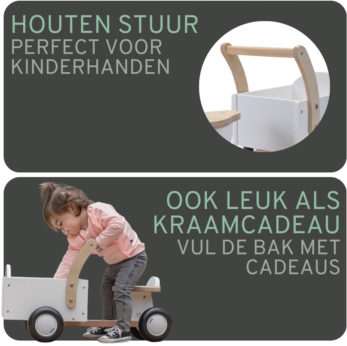 Bandits & Angels Bakfiets Loopfiets Hout Little Rider White vanaf 1 jaar - Voor Jongens en Meisjes - Ride-On Houten Bakfiets - Houten Loop Fiets Wit - Geluidsarme Wielen - Kraamcadeau — afbeelding 8
