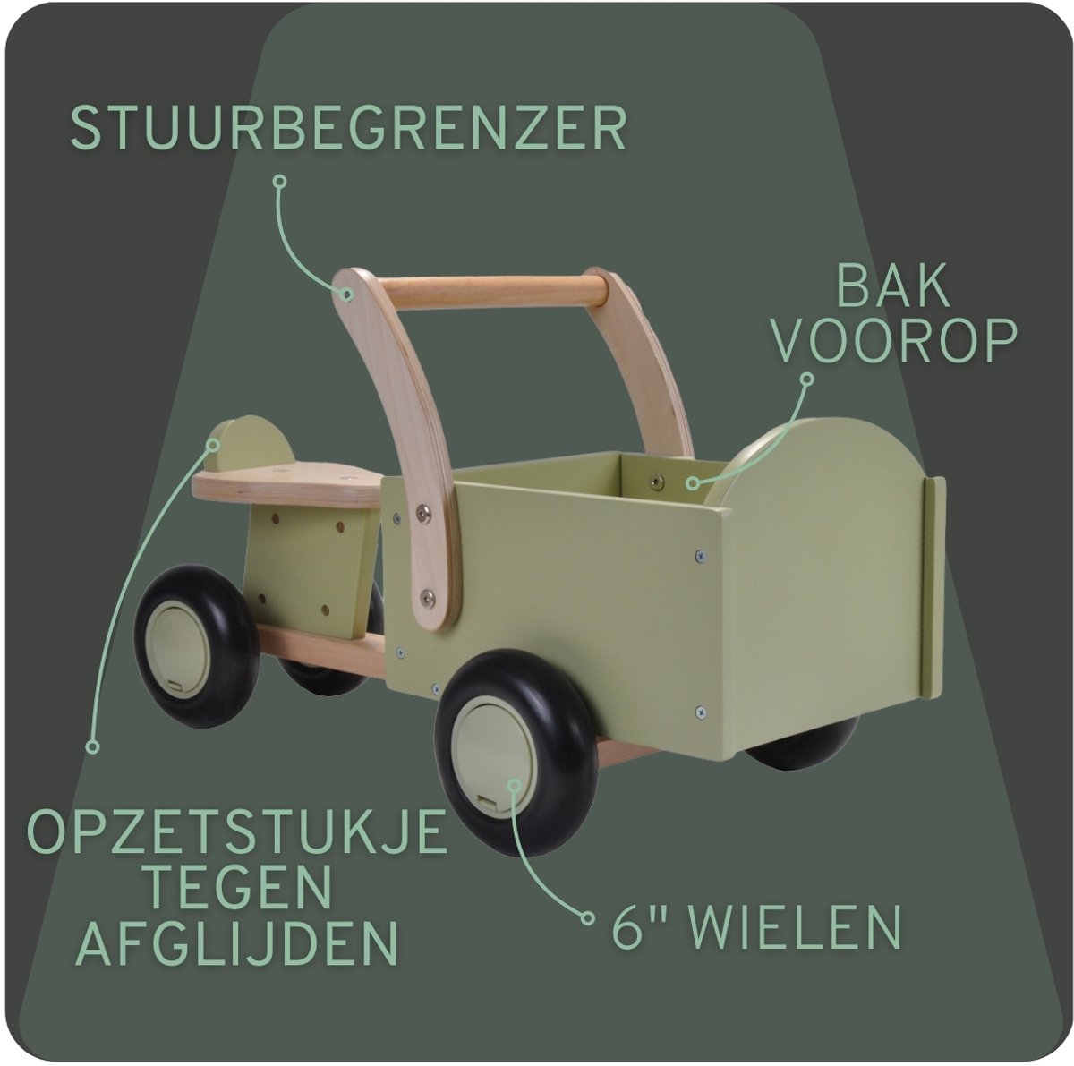 Bandits & Angels Bakfiets Loopfiets Hout Little Rider Retro Green vanaf 1 jaar - Voor Jongens en Meisjes - Ride-On Houten Bakfiets - Houten Loop Fiets Groen - Geluidsarme Wielen - Kraamcadeau — afbeelding 2