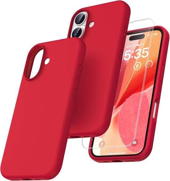 Coque Solid en silicone liquide souple au toucher et caoutchouc TPU Flexible + protection d'écran - Compatible avec iPhone 16 - Rouge