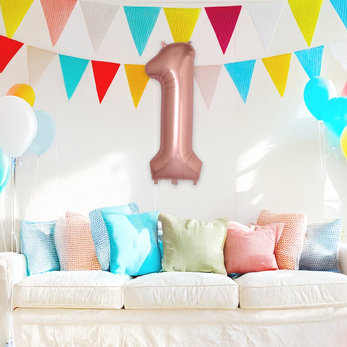 BTH – Folie Ballon Cijfer 1 – Rosé Goud – Feestversiering – Helium of Lucht – Verjaardag Decoratie – Met Rietje – 86cm — afbeelding 4