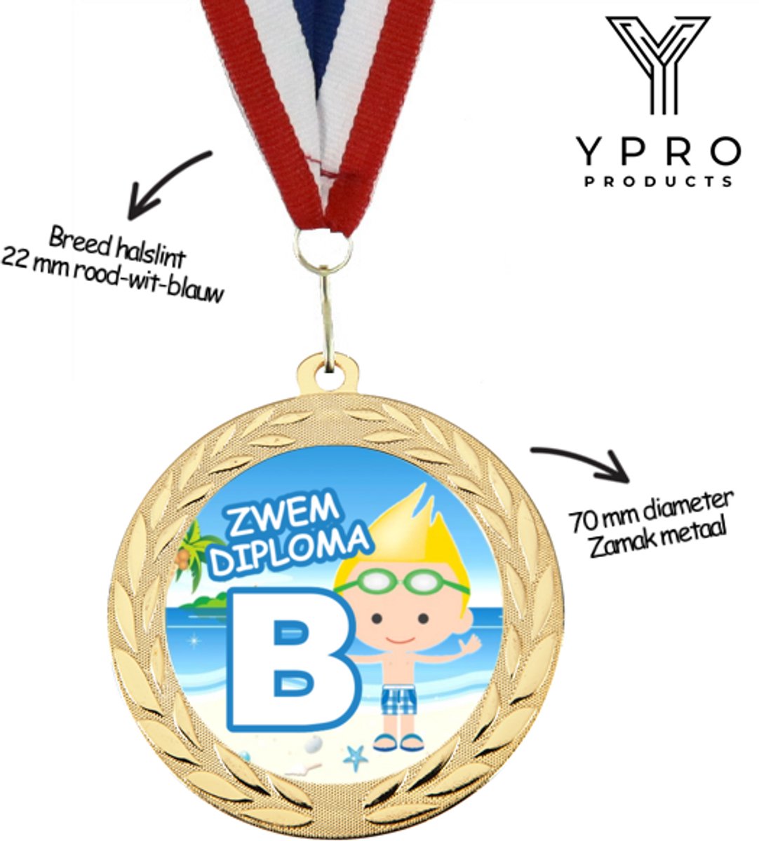 Zwemdiploma B Medaille voor Kinderen - Jongens - Goud - 70 mm - inclusief halslint