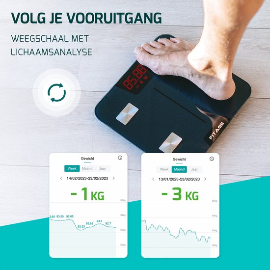 FITAGE Weegschaal Personenweegschaal Digitaal - Slimme Weegschaal met 17x Lichaamsanalyse - Weegschalen - FITAGE App