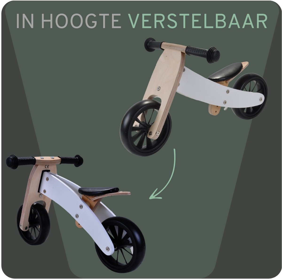 Bandits & Angels Smart Bike Loopfiets Hout 4-in-1 Wit vanaf 1 jaar - Voor Jongens en Meisjes - Houten Loop Fiets - Omkeerbaar in Driewieler en Tweewieler - Verstelbaar Zadel — afbeelding 9