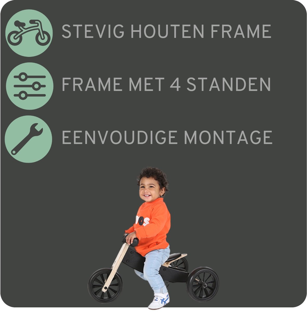 Bandits & Angels Smart Bike Loopfiets Hout 4-in-1 Zwart vanaf 1 jaar - Voor Jongens en Meisjes - Houten Loop Fiets - Omkeerbaar in Driewieler en Tweewieler - Verstelbaar Zadel — afbeelding 8