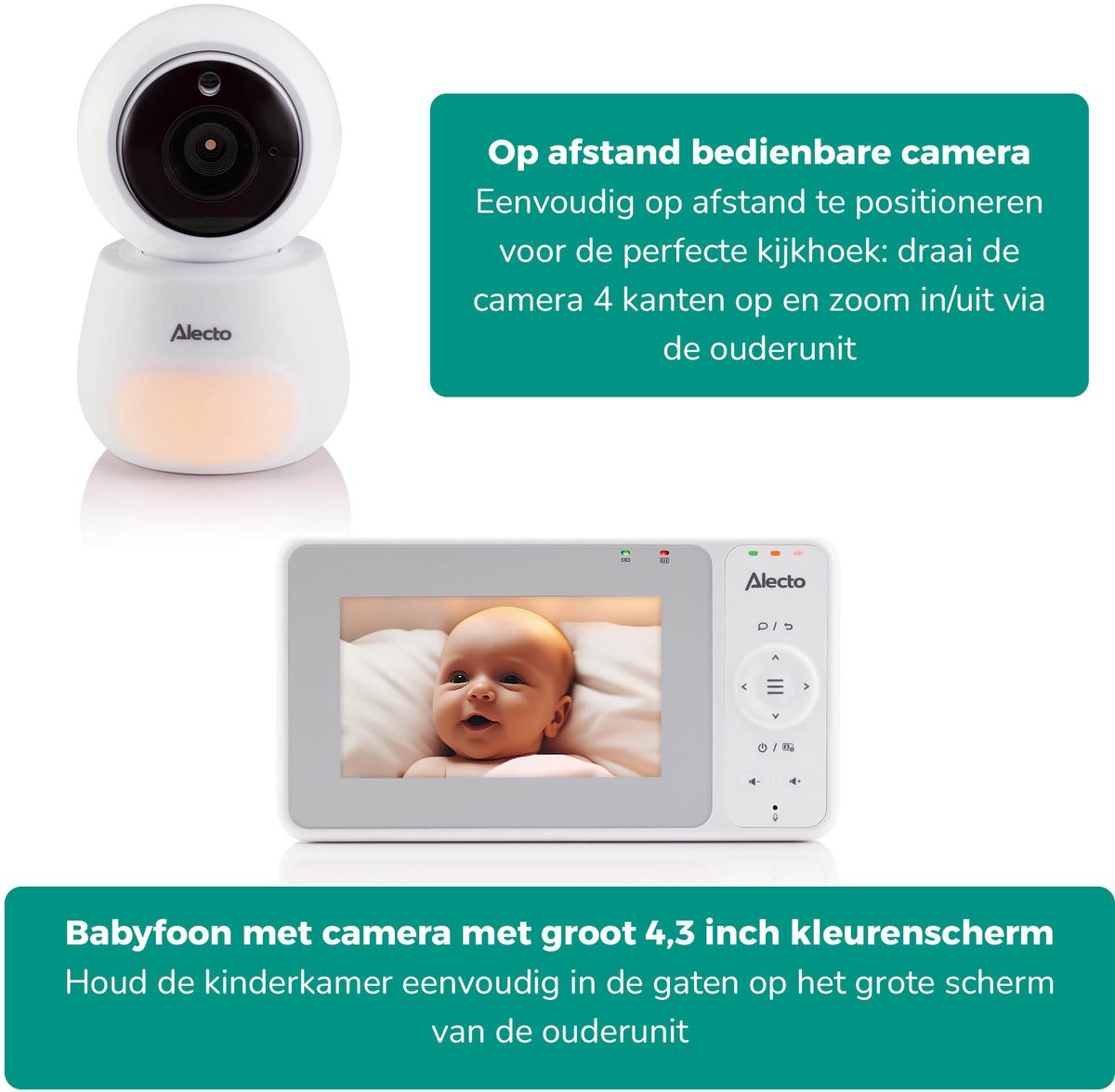 Afbeelding 3 van Alecto Babyfoon met Camera - Core Collection - Beste Koop en Beste uit de Test - 4.3 inch Scherm - Op afstand bestuurbaar - Uitbreidbaar tot 4 camera's - Nachtlampje - DVM2043 - Wit