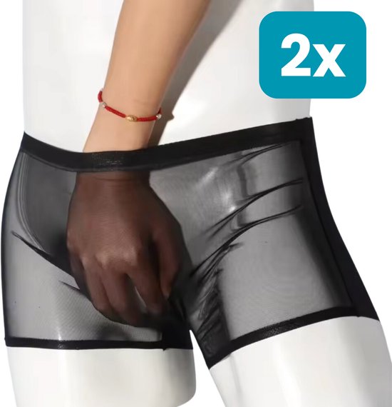 Zwarte, transparante boxershorts met elastische band. Een hand toont de doorschijnende stof.
