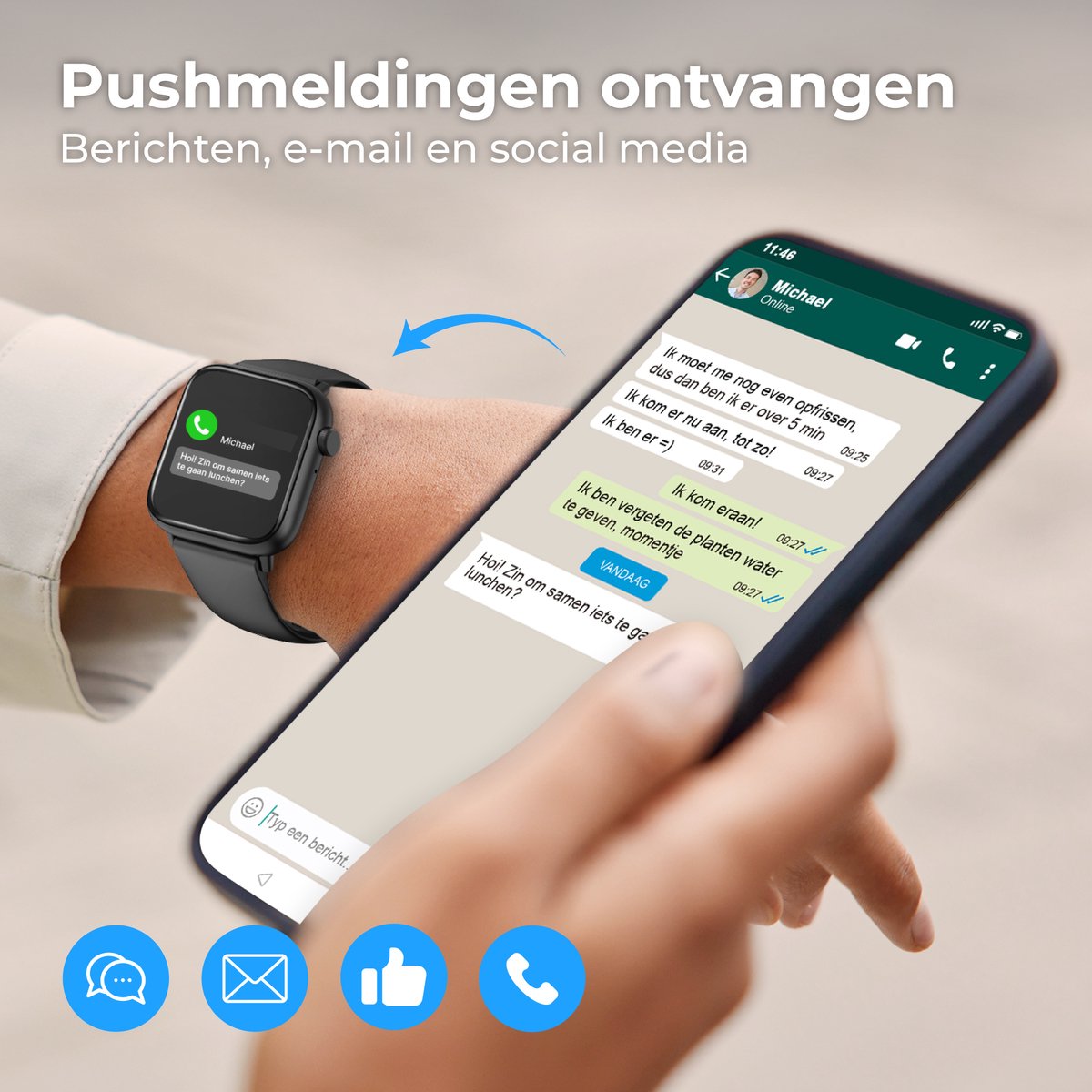 Afbeelding 2 van Nuvance - Smartwatch Heren & Dames met Bluetooth - 45mm - Geschikt voor alle Smartphones - Stappenteller & Hartslagmeter - Zwart