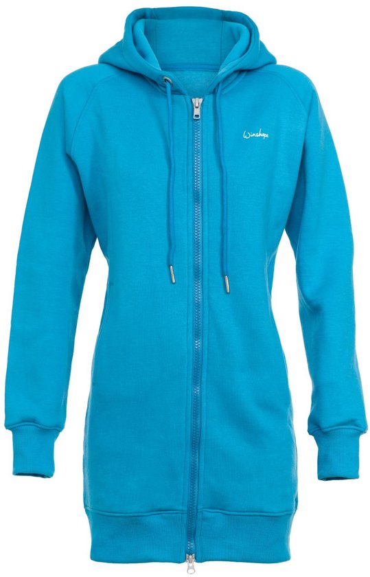 Lange turquoise hoodie met capuchon, ritssluiting en lange mouwen.