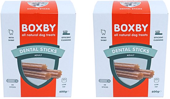 Twee dozen met Boxby all natural dog treats, dental sticks voor volwassen honden. Elke doos bevat 30 sticks.