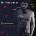 Torso van een man met pijlen wijzend naar hals, borst, achter het oor en polsen. Tekst "Intieme zones".