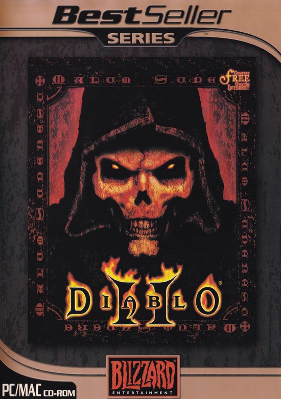 Diablo 2 videospel boxart met een skull met gloeiende ogen en de tekst 'BestSeller Series' en 'Blizzard Entertainment'.