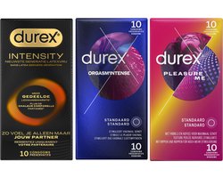Durex - 30 stuks Condooms - Intensity 10st Nieuwste generatie ultradun, gedeelde lichaamswarmte - Orgasm Intense met Stimulerende Gel 10st - Pleasure Me met ribbels 10st - Voordeelverpakking