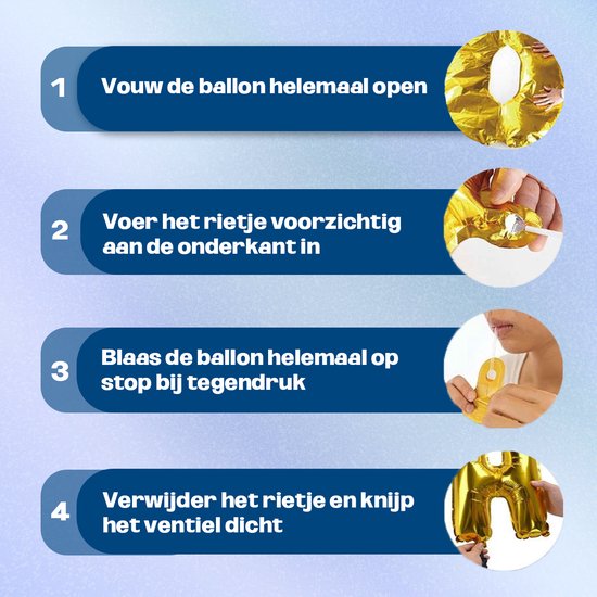 Instructies voor het oppompen van een gouden cijfer 8 ballon met rietje.
