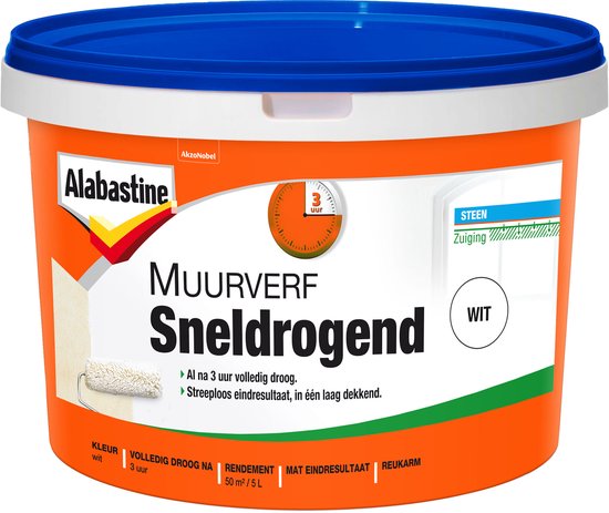 Alabastine Muurverf Sneldrogend: 5L pot in oranje met blauw deksel, witte verf, droogt in 3 uur.