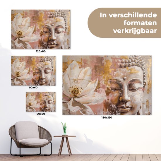 Affiche de jardin 120x80 cm - Décoration de jardin Bouddha - Bloem - Or - Rose - Abstrait - Affiche pour le jardin - Décoration extérieure - Tableau de jardin clôture - Décoration murale sur toile de jardin - Décoration murale sur toile de balcon