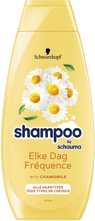 Bouteille de shampooing jaune avec des fleurs de camomille, "Schwarzkopf shampooing par Schauma Chaque Jour Fréquence à la camomille"