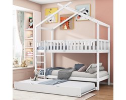 Gutent Kinderstapelbed-90x200 cm-Driedubbel stapelbed-uitschuifbaar-ruimtebesparend ontwerp-Wit-Geen matras