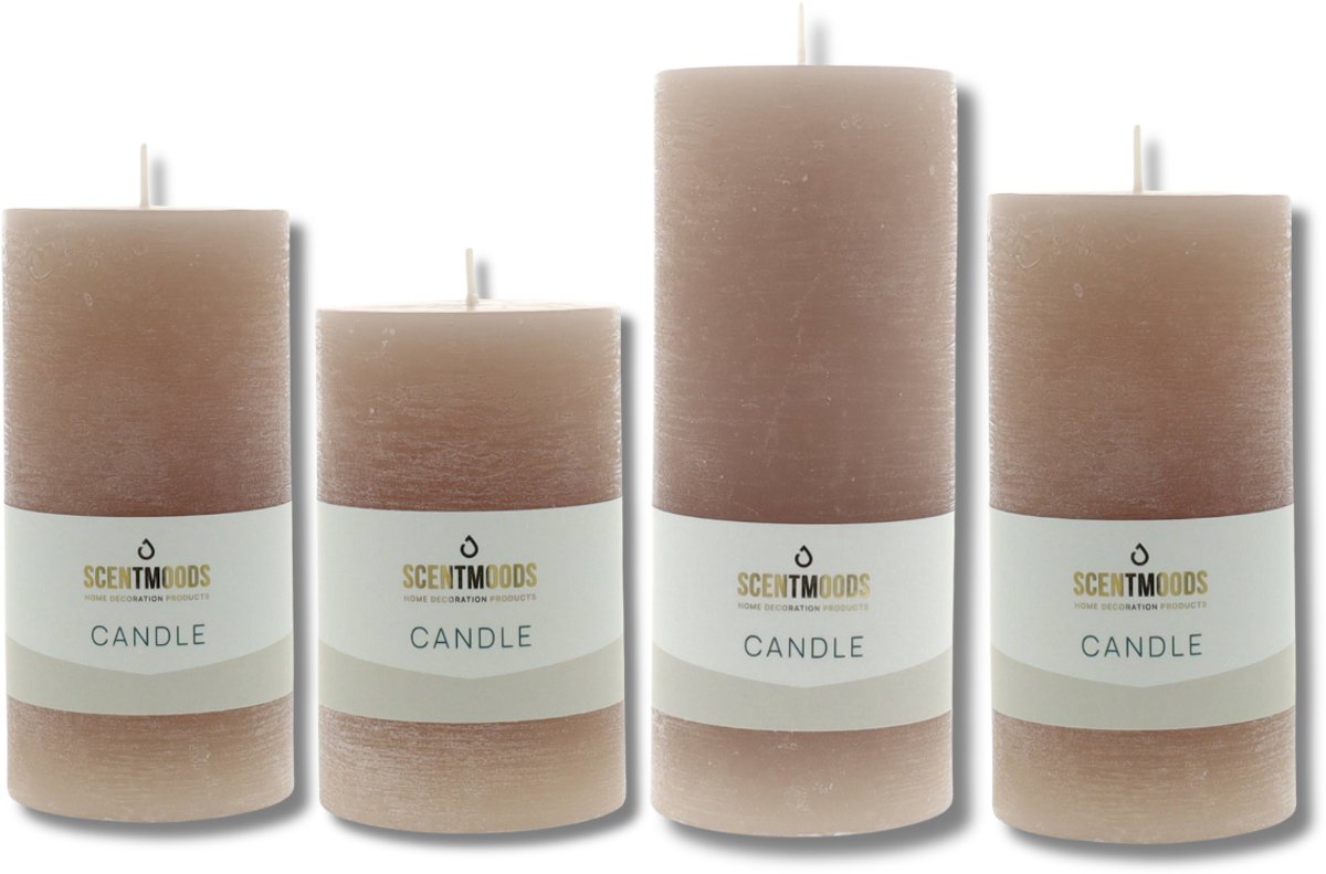 Scentmoods Rustieke Kaars Set Taupe – Set van 4 Neutrale Stompkaars en Dinerkaars voor een Rustieke Look