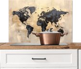 Crédence de Cuisinière en Aluminium 90x60 cm - Carte du monde - Or - Noir - Abstrait - Écran Pare-éclaboussures pour Plaque de Cuisson - Protection Murale