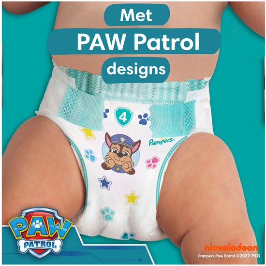 Gedetailleerde weergave van een Pampers Baby-Dry luier, maat 4, met Paw Patrol ontwerpen.
