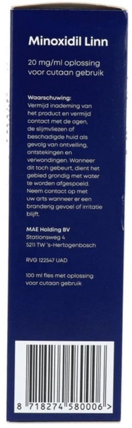 Donkerblauwe verpakking met streepjescode en waarschuwingsinformatie over Minoxidil Linn.