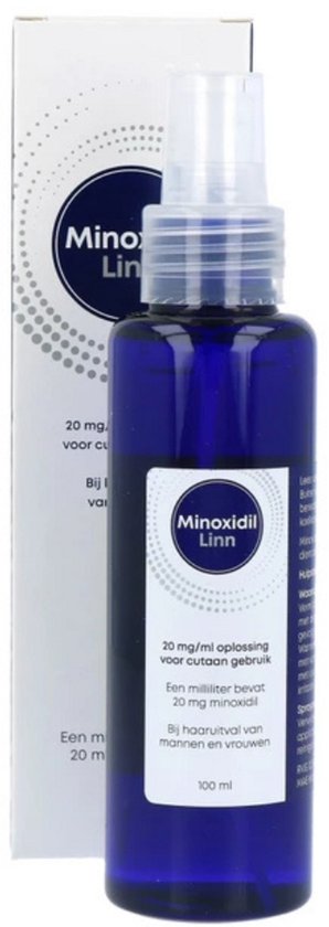 Blauw flesje met spraydop, naast een witte verpakking met cirkelvormig patroon en tekst Minoxidil Linn.