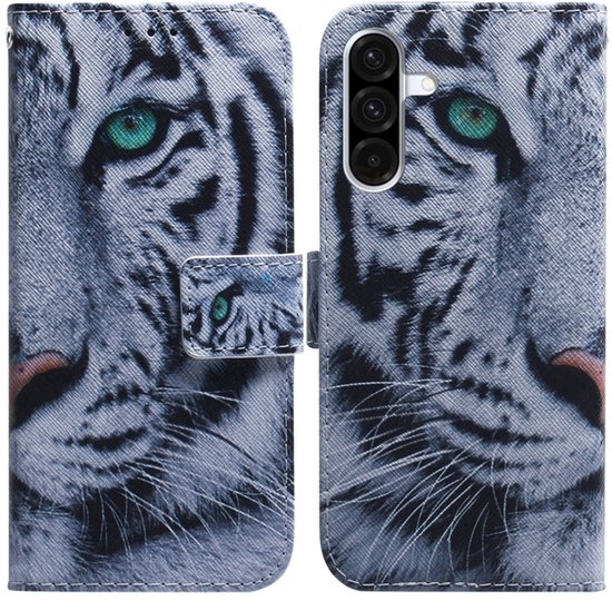 Open telefoonhoesje met witte tijgerkop, groene ogen en camera-uitsparing.