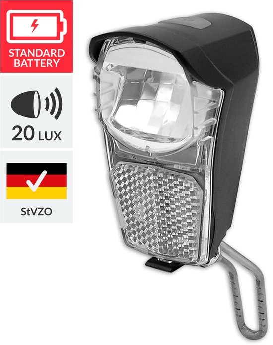 Zwarte fietslamp met "Standard Battery", "20 LUX" en StVZO-goedkeuring.