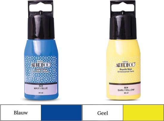 Artdeco 3D Dimensionale Verf Set – 2x50 ml – Geel & Blauw – Geschikt voor Stof, Glas, Keramiek, Karton, Metaal, Papier & Steen – 3D Liner Textuur- en Reliëfschilderen Dimensional Paint