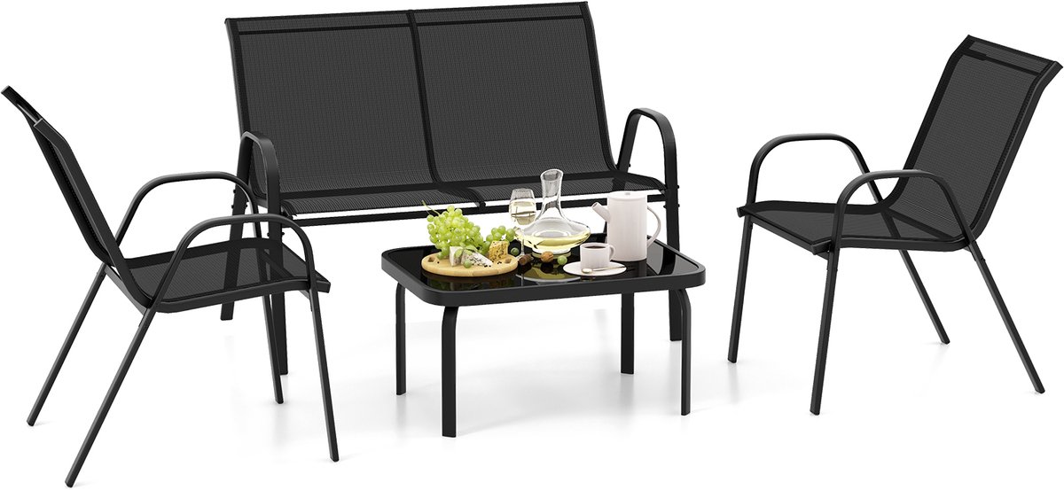 Costway 4-delige tuinmeubelset met 2 stoelen, bank & tafel in tuinomgeving.