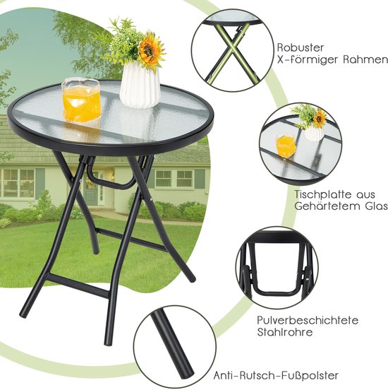 COSTWAY Beistelltisch klappbar, Kleiner Klapptisch, wetterfester Gartentisch, runder Balkontisch mit Tischplatte aus gehärtetem Glas für Balkon, Garten, Terrasse, 46 x 46 x 48 cm (Grau