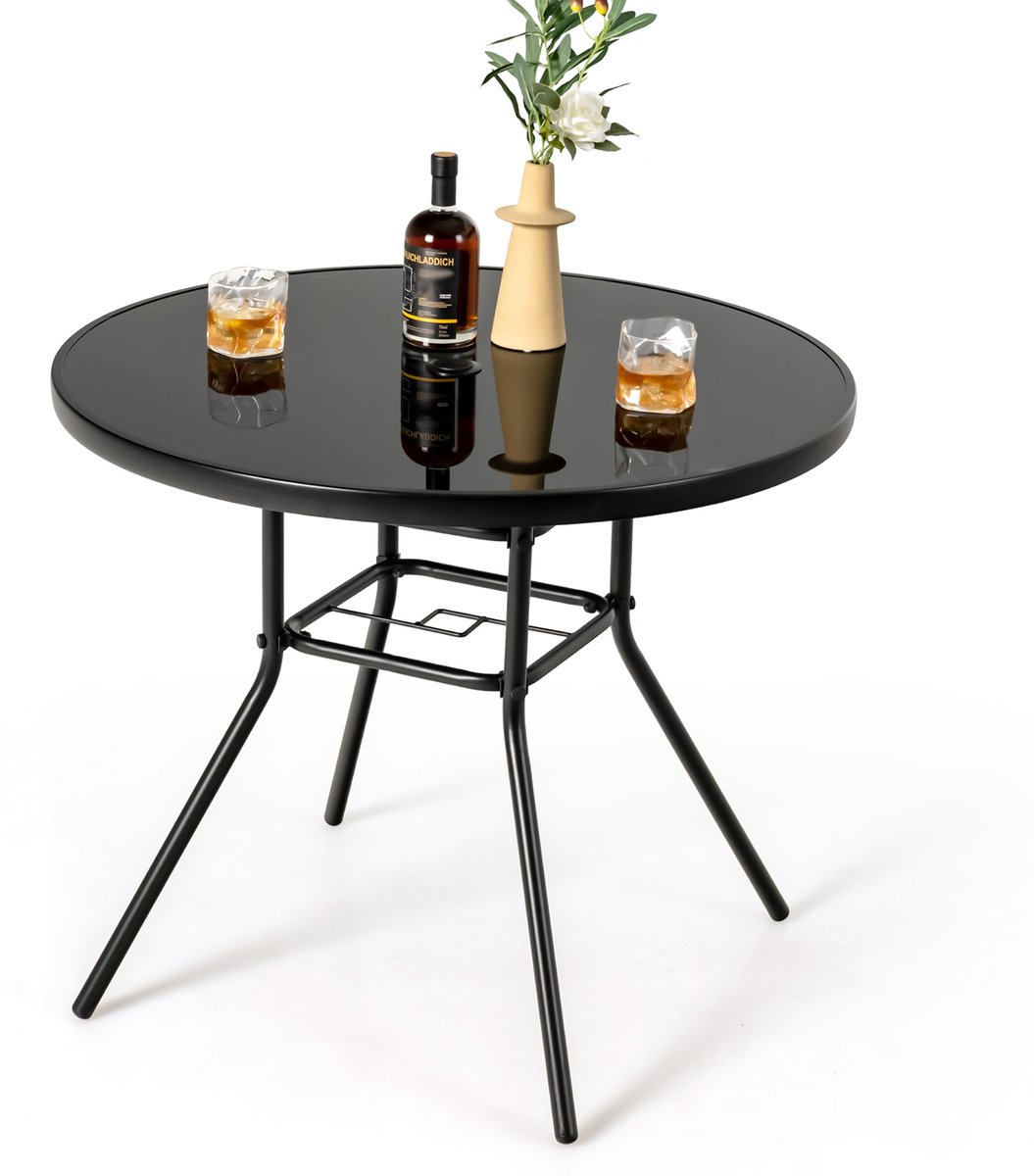 COSTWAY Tuintafel met tafelblad van gehard glas, terrastafel met schermgat, balkontafel voor 4 personen, outdoor eettafel voor balkon, terras, tuin, 86 x 86 x 71 cm, zwart