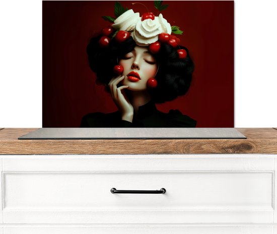 Crédence de Cuisinière en Aluminium 70x50 cm - Femme - Cerises - Crème fouettée - Écran Pare-éclaboussures pour Plaque de Cuisson - Protection Murale