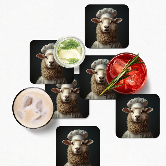 Onderzetters voor glazen - Schaap - Wol - Kok - 10x10 cm - Glasonderzetters - 6 stuks