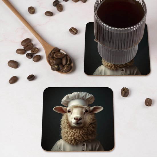 Onderzetters voor glazen - Schaap - Wol - Kok - 10x10 cm - Glasonderzetters - 6 stuks